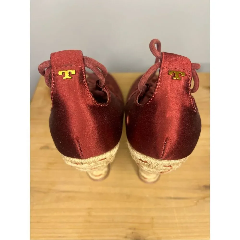 Tory Burch‎ Women's High Heels Wedge Espadrilles Pompoms Satin Merlot Shoes 5.5